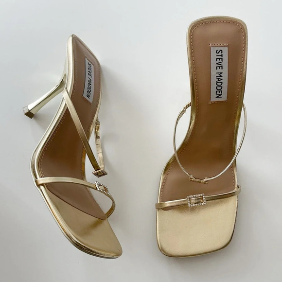 NEW Steve Madden Aislinn Sandals Womens 9M Gold Heeled Slide Strappy - Picture 1 of 12